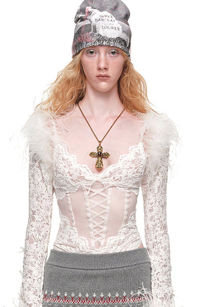 Ostrich Feather Flocking Lace Long-Sleeved Vest