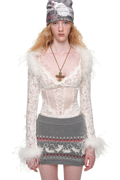 Ostrich Feather Flocking Lace Long-Sleeved Vest