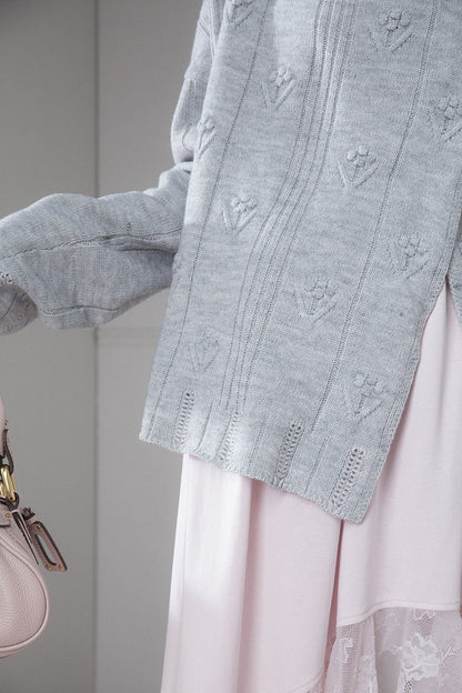 Warm Gray 3D Floral Wrap Cardigan