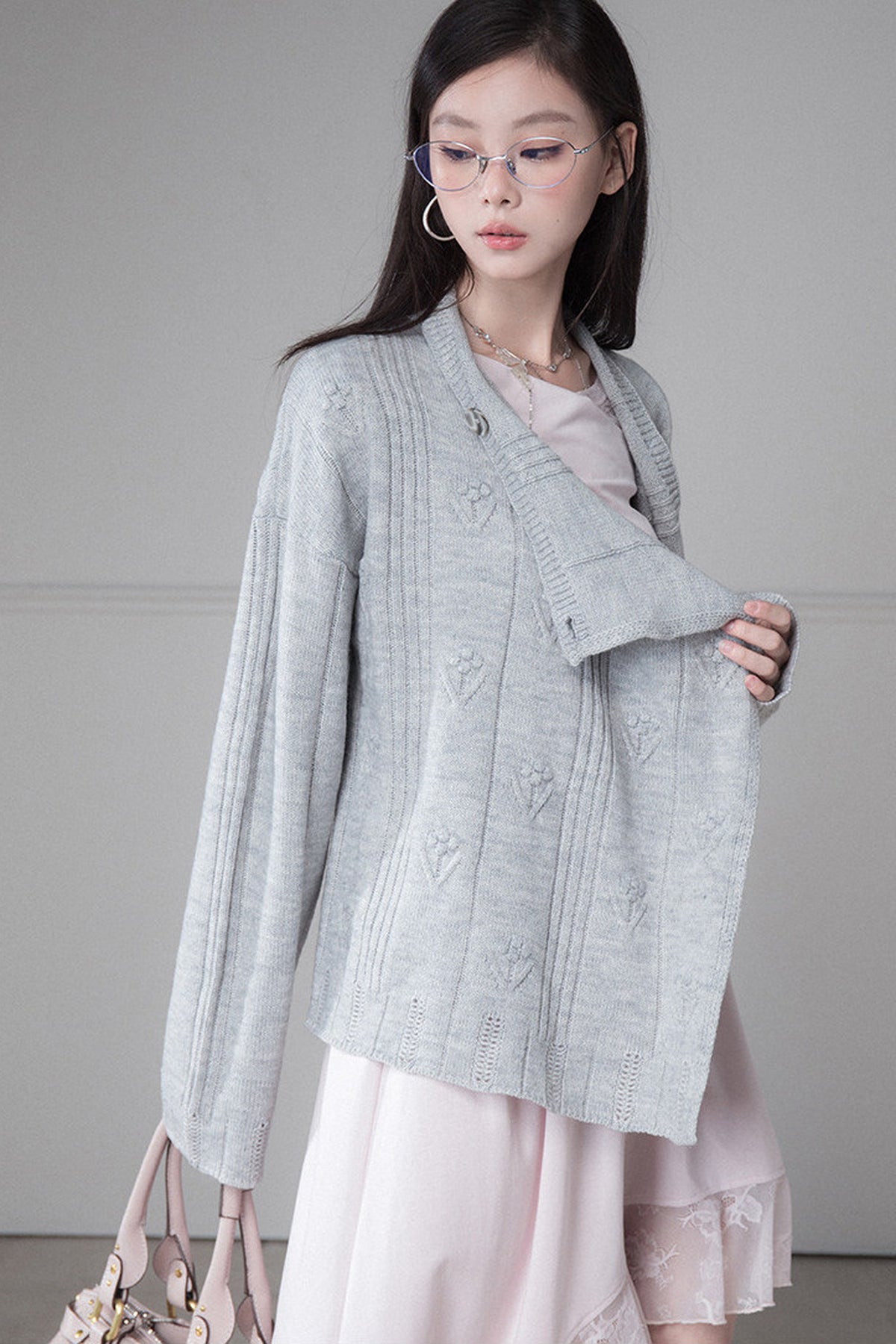 Warm Gray 3D Floral Wrap Cardigan