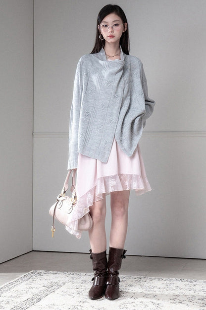Warm Gray 3D Floral Wrap Cardigan