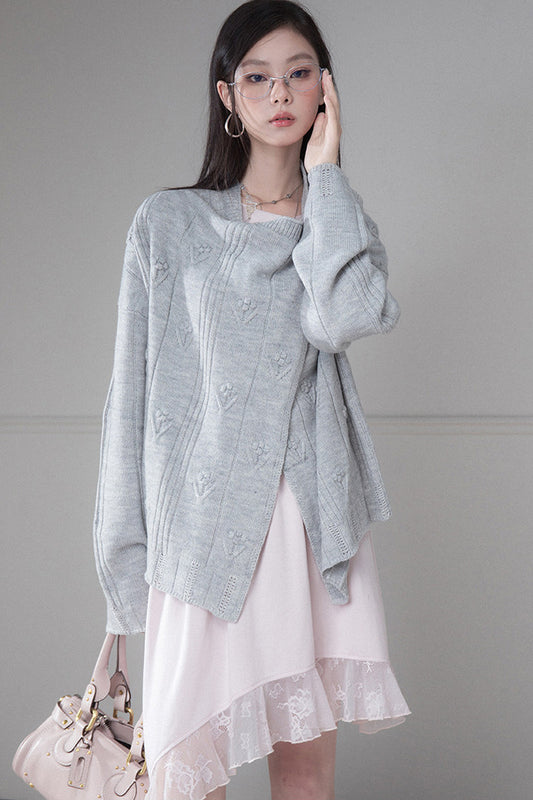 Warm Gray 3D Floral Wrap Cardigan