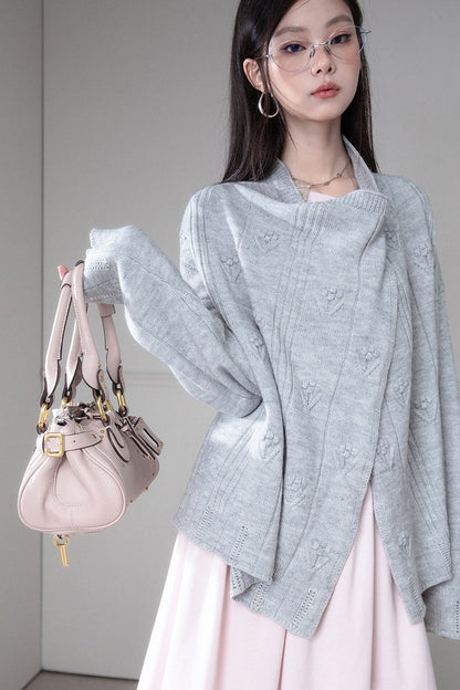 Warm Gray 3D Floral Wrap Cardigan