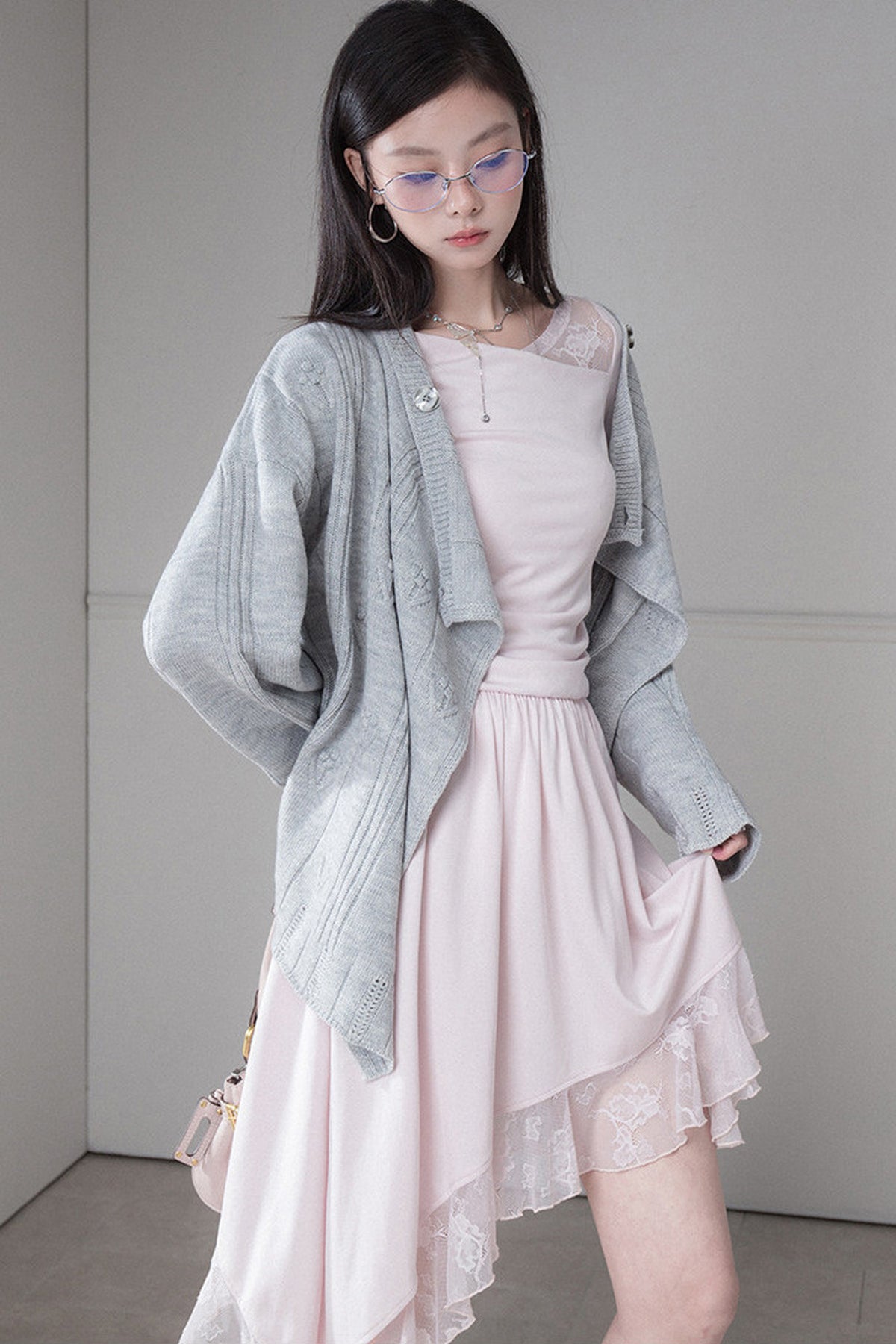 Warm Gray 3D Floral Wrap Cardigan