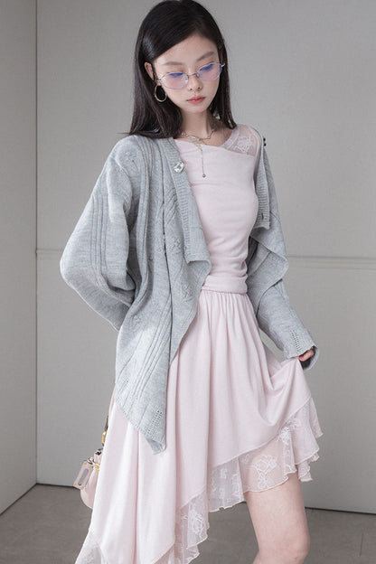 Warm Gray 3D Floral Wrap Cardigan
