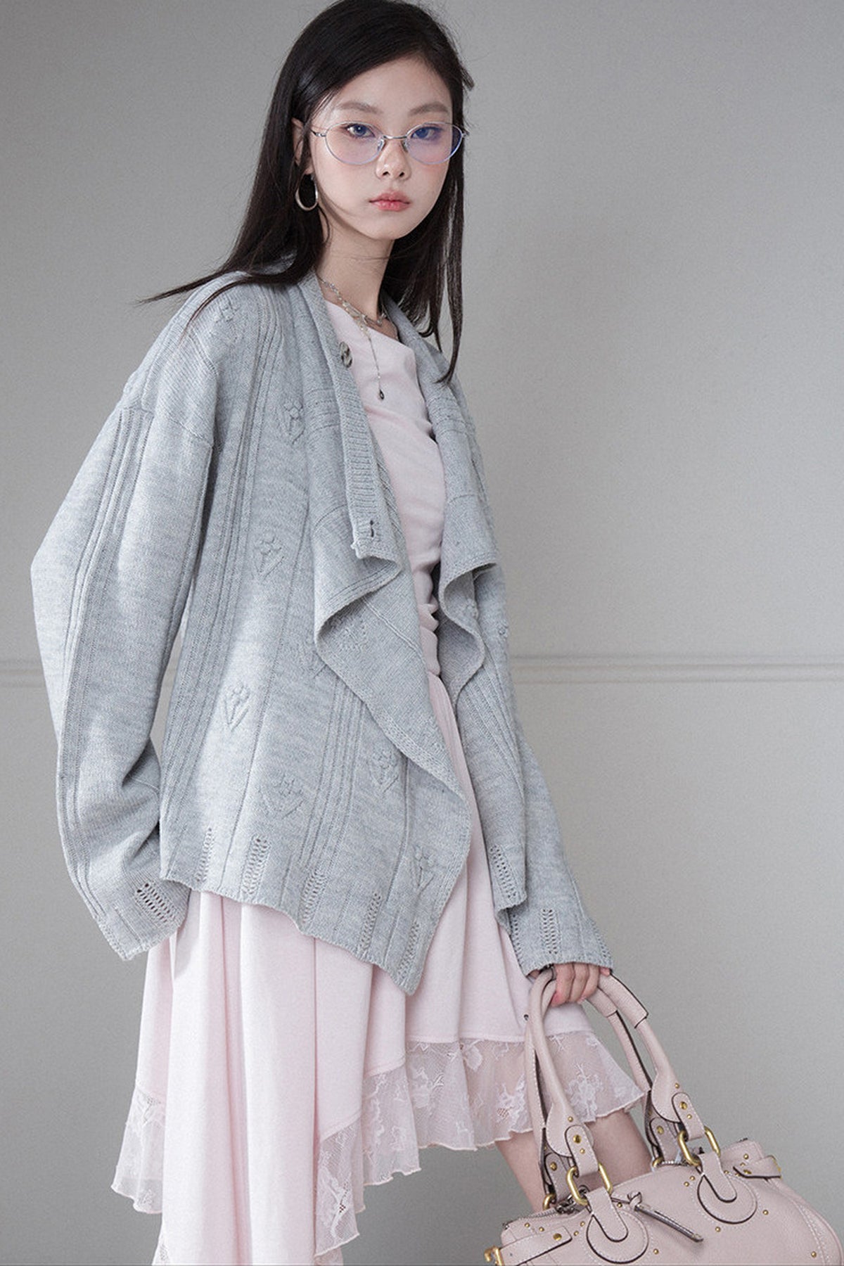 Warm Gray 3D Floral Wrap Cardigan