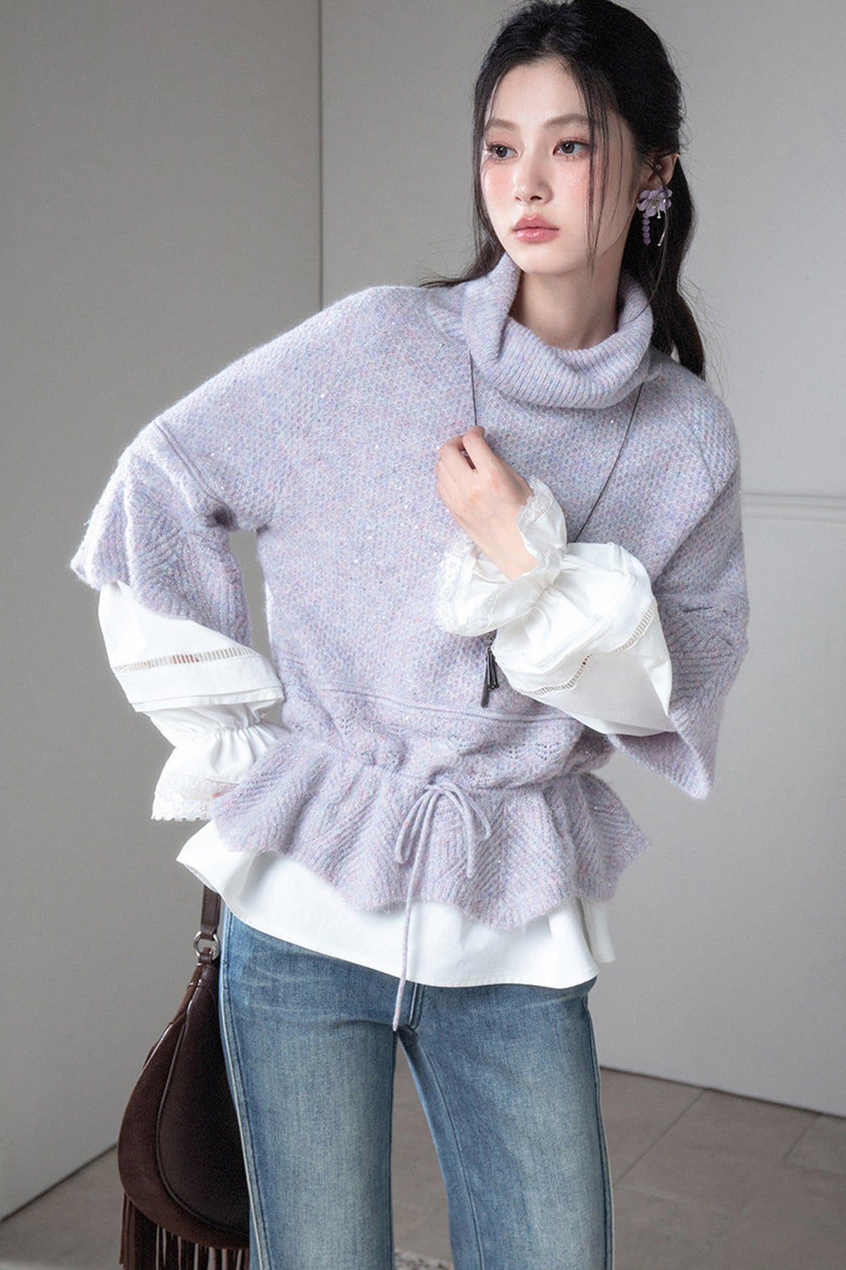 Gray-Purple Drawstring Waist Wool Sweater