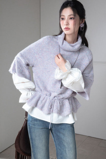 Gray-Purple Drawstring Waist Wool Sweater