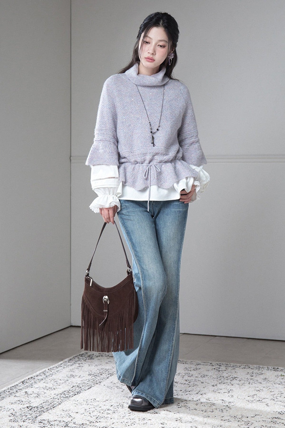 Gray-Purple Drawstring Waist Wool Sweater