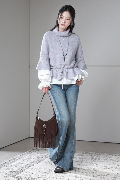 Gray-Purple Drawstring Waist Wool Sweater