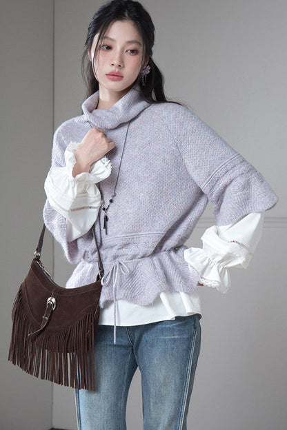 Gray-Purple Drawstring Waist Wool Sweater