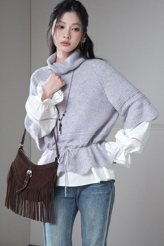 Gray-Purple Drawstring Waist Wool Sweater