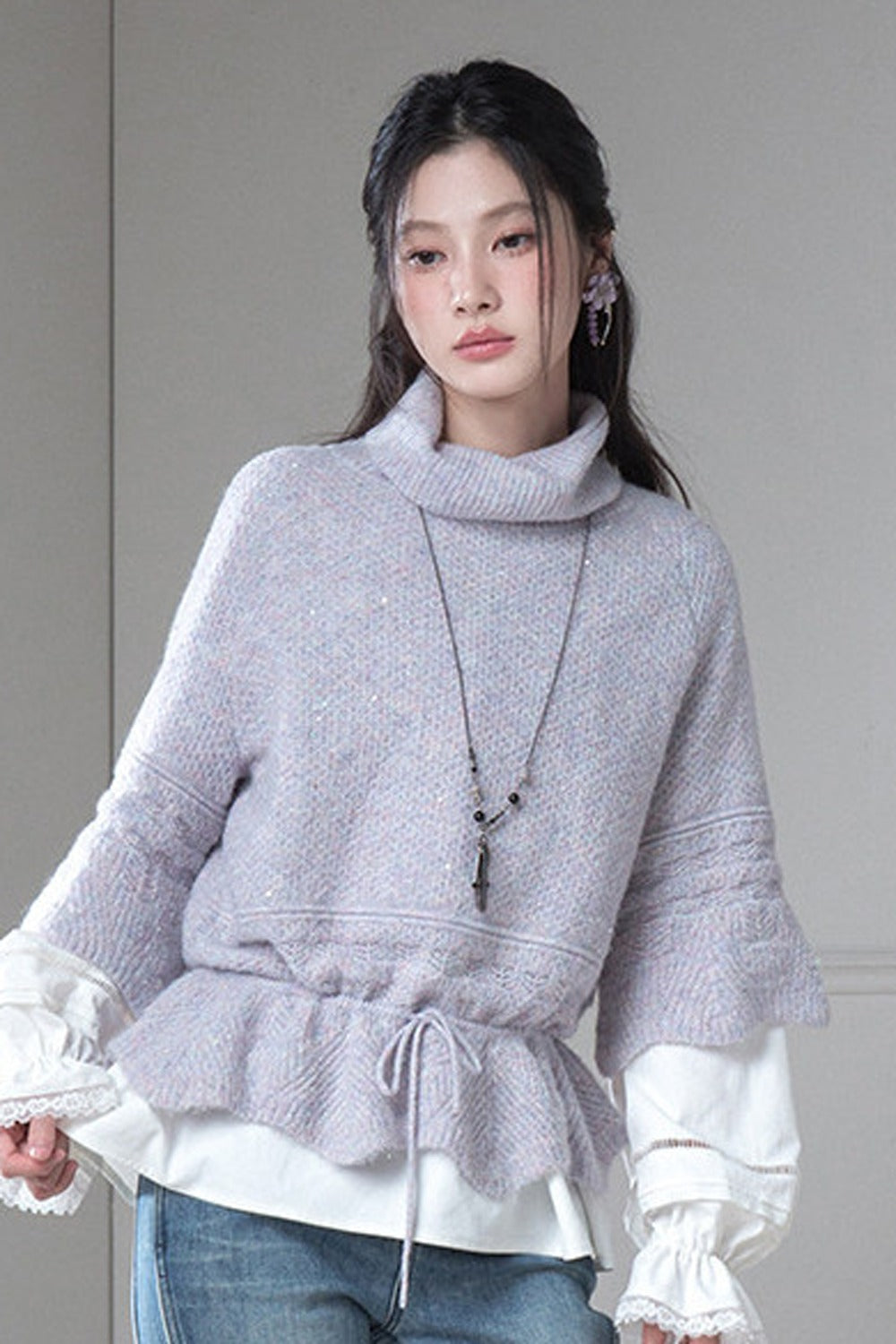 Gray-Purple Drawstring Waist Wool Sweater