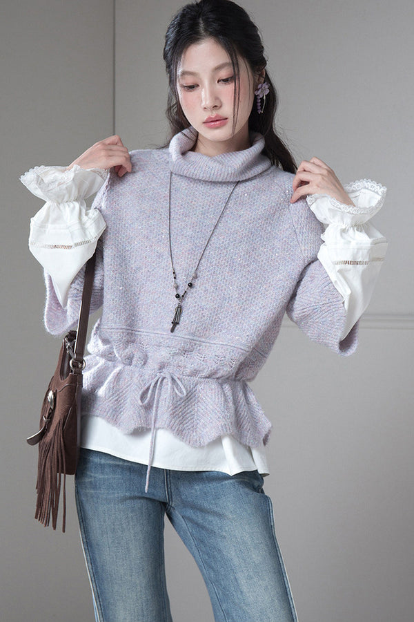 Gray-Purple Drawstring Waist Wool Sweater