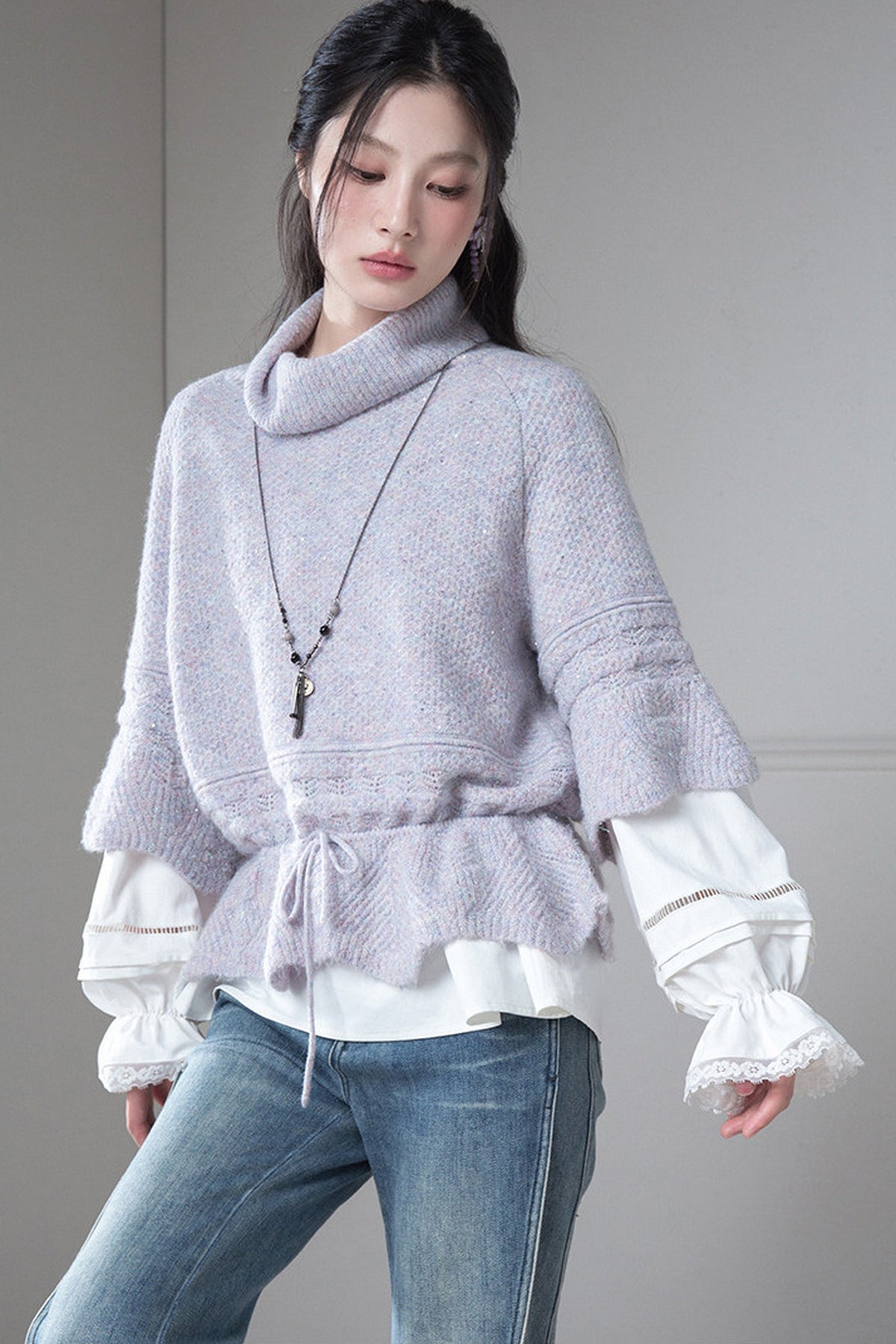 Gray-Purple Drawstring Waist Wool Sweater