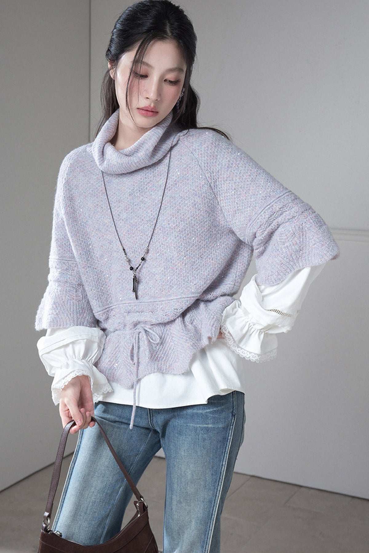 Gray-Purple Drawstring Waist Wool Sweater