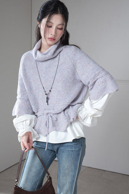 Gray-Purple Drawstring Waist Wool Sweater