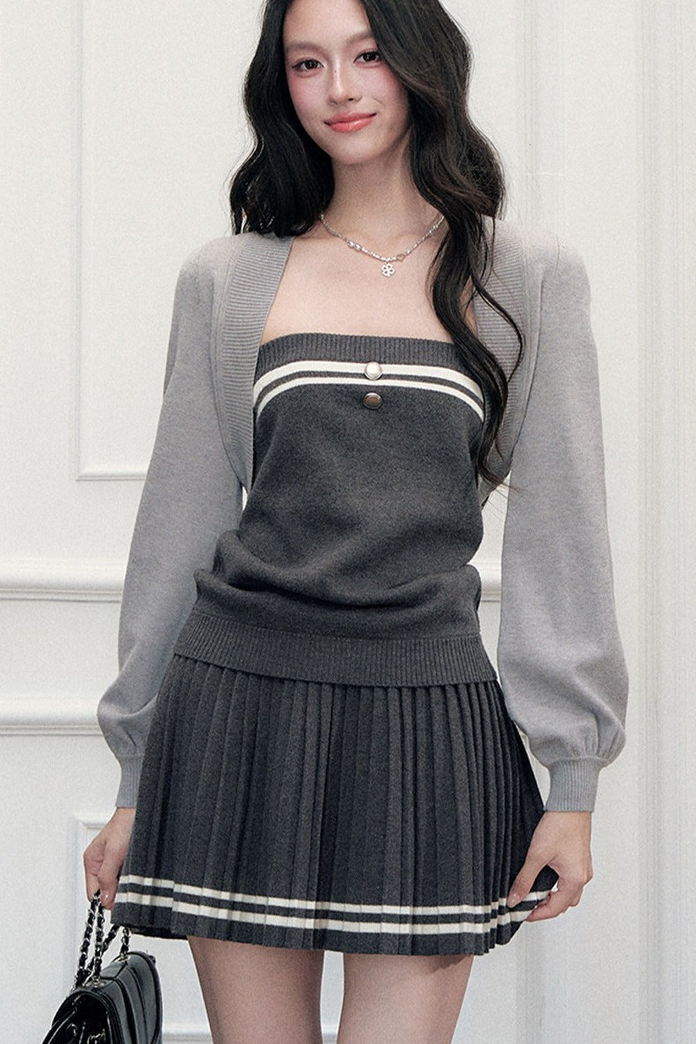 Striped Knit Vest Skirt and Jacket Set-Up