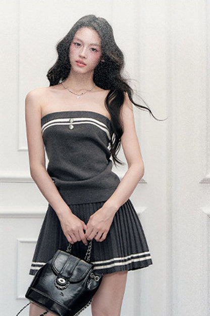 Striped Knit Vest Skirt and Jacket Set-Up