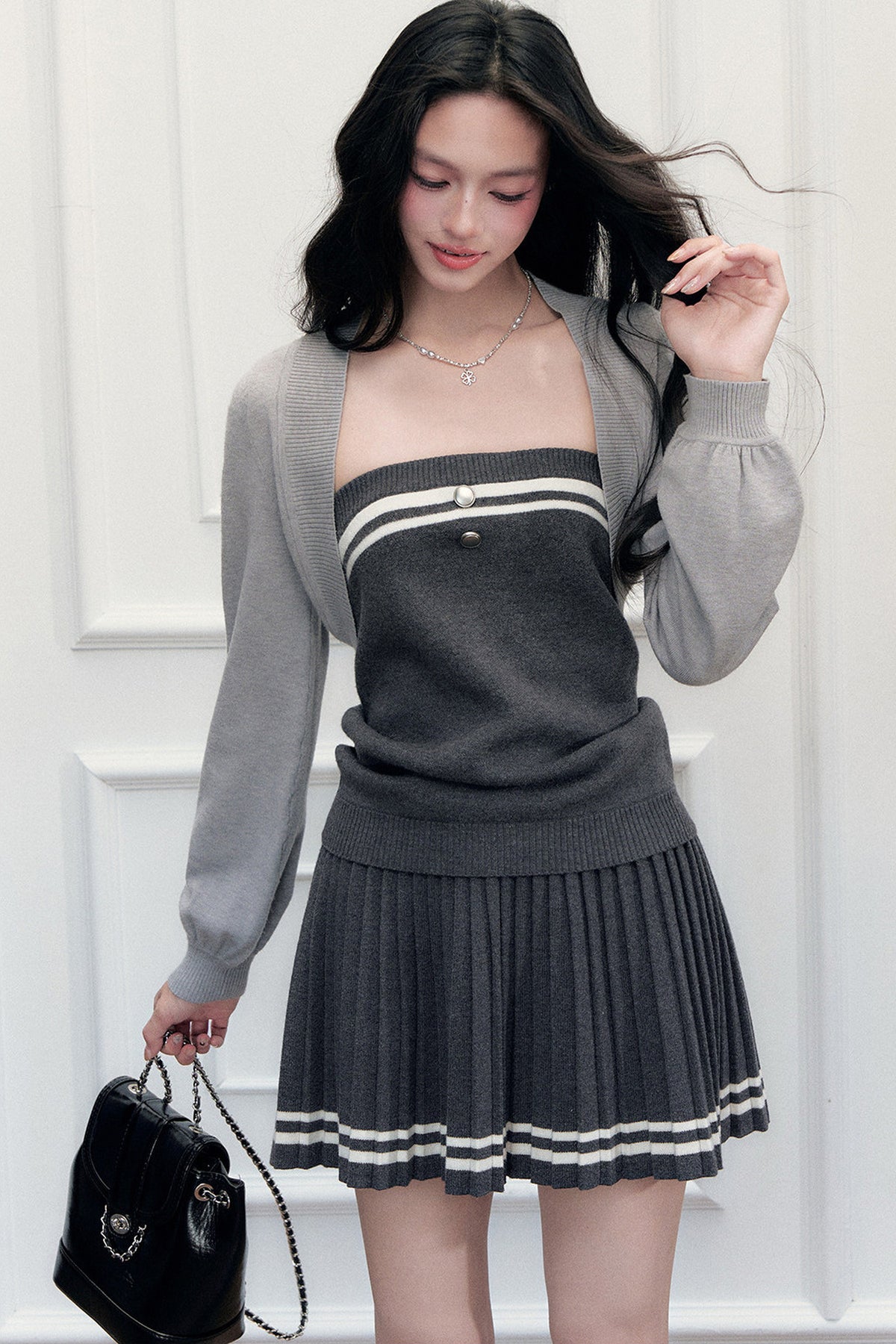 Striped Knit Vest Skirt and Jacket Set-Up