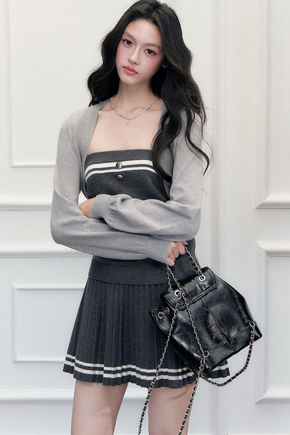 Striped Knit Vest Skirt and Jacket Set-Up
