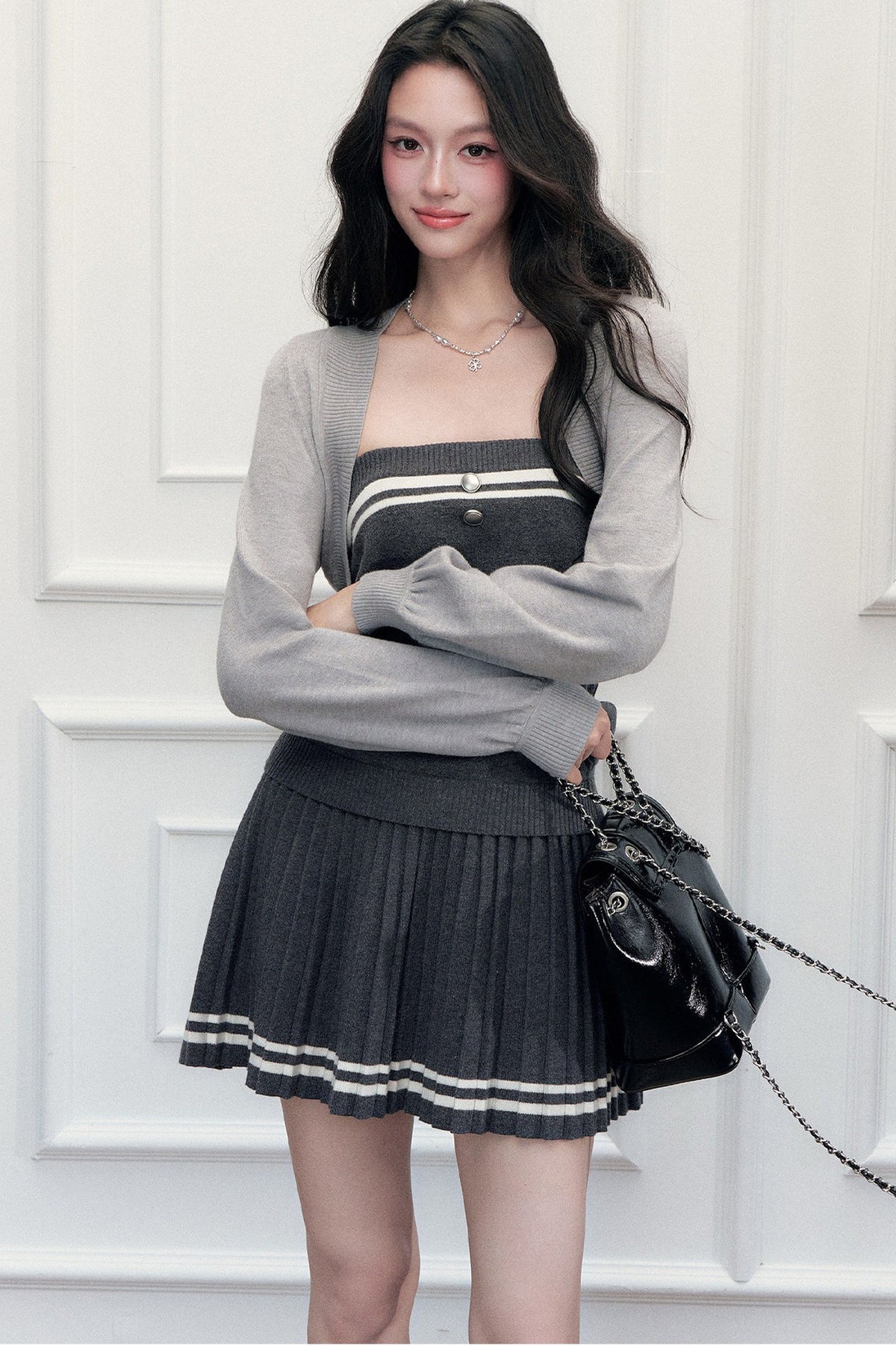 Striped Knit Vest Skirt and Jacket Set-Up