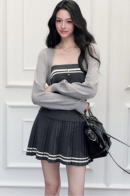 Striped Knit Vest Skirt and Jacket Set-Up