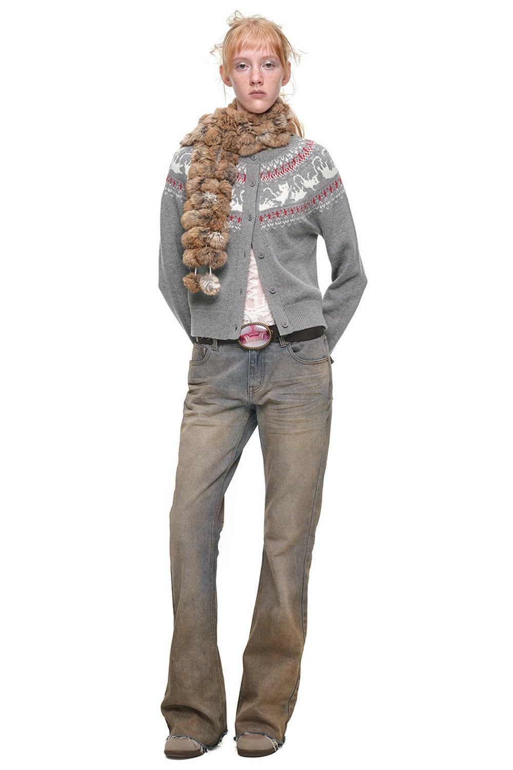 Cardigan jacquard con motivo a isole Fair Isle e gatti