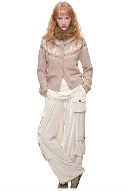 Cardigan jacquard con motivo a isole Fair Isle e gatti