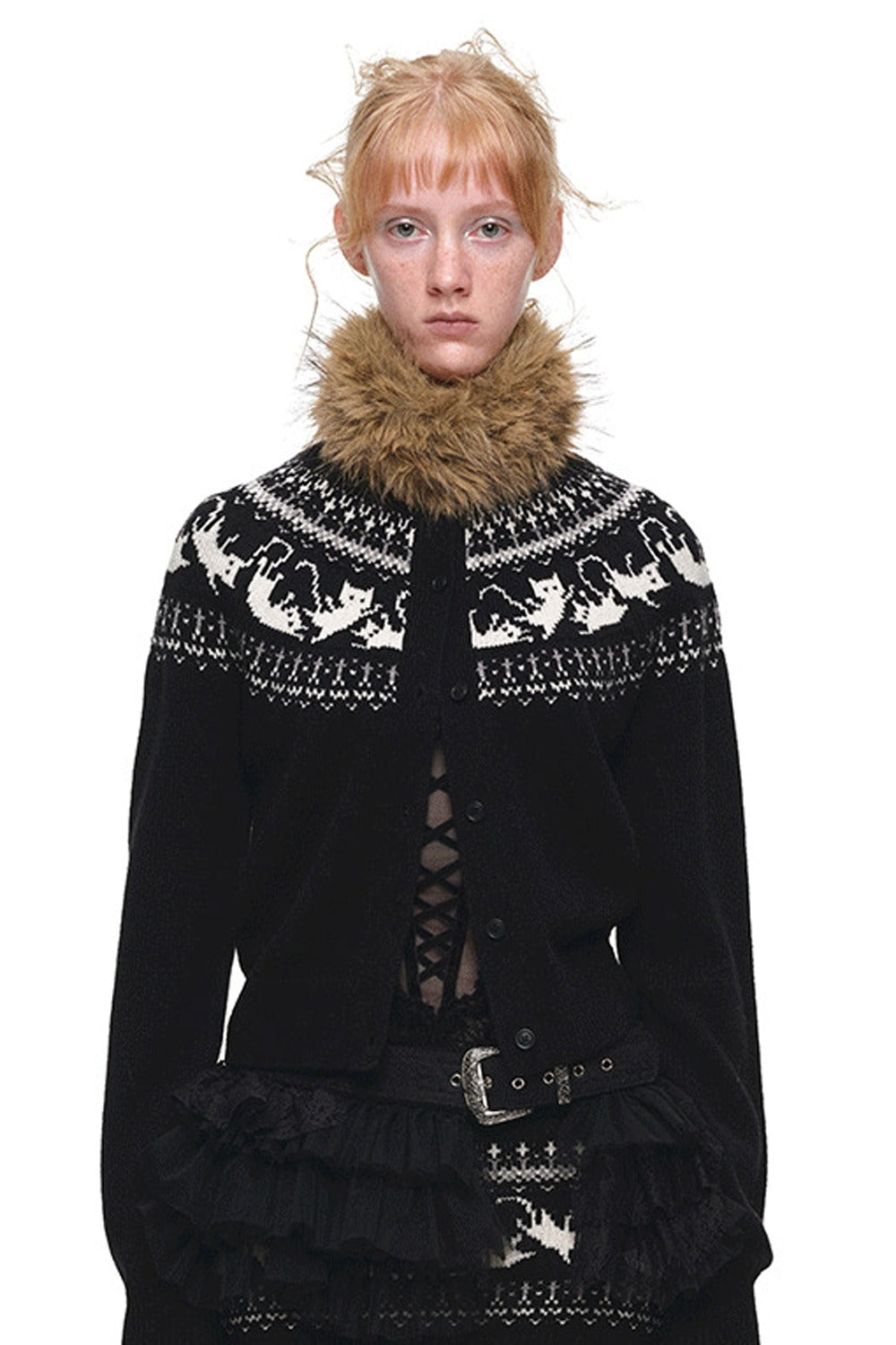 Cardigan jacquard con motivo a isole Fair Isle e gatti