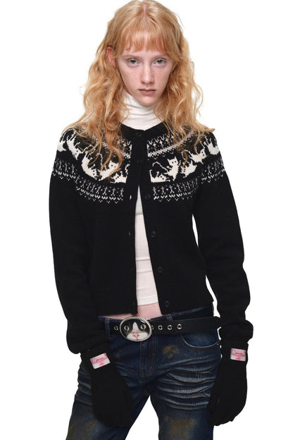 Cardigan jacquard con motivo a isole Fair Isle e gatti