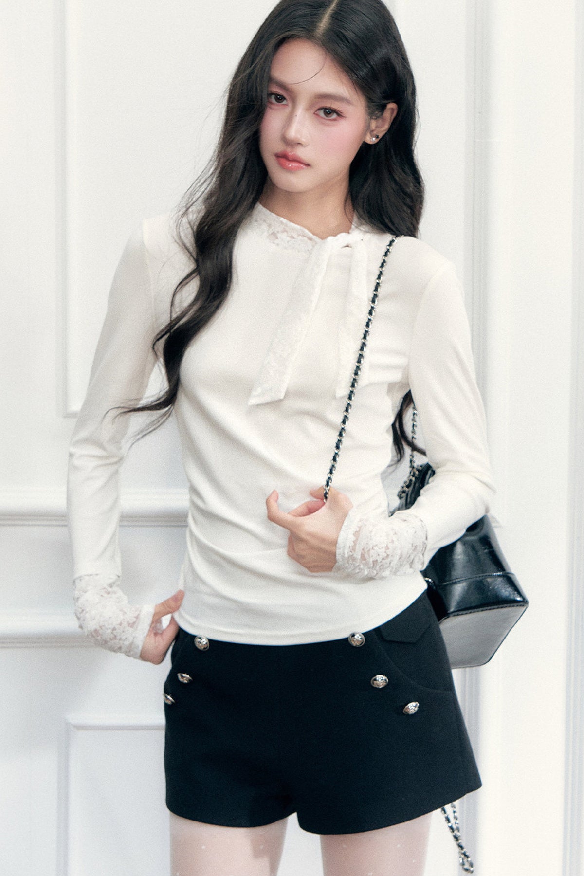 Lace-Up Ruched Long Sleeve T-Shirt