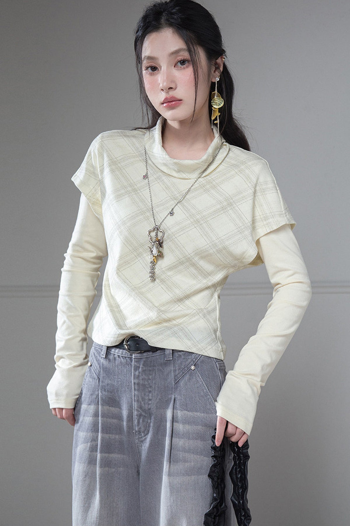 Plaid T-Shirt With Base Layer Top Set