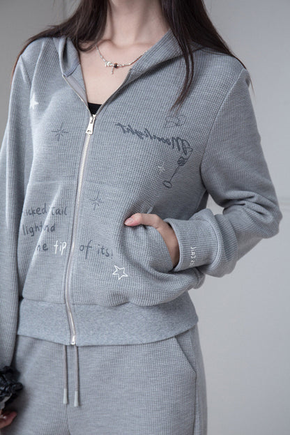 Printed Waffle Hooded Sweatshirt and Pants Set
