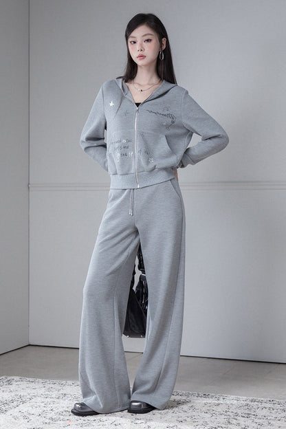 Printed Waffle Hooded Sweatshirt and Pants Set