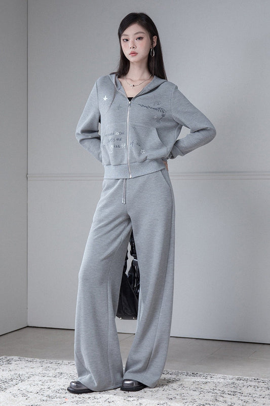Printed Waffle Hooded Sweatshirt and Pants Set