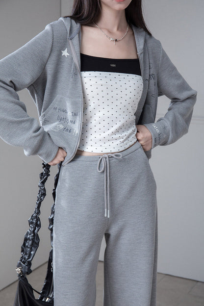 Printed Waffle Hooded Sweatshirt and Pants Set