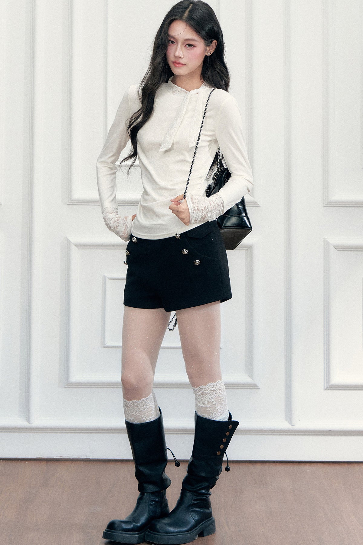 Black Woolen Double-Breasted A-Line Shorts
