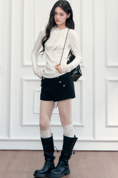 Black Woolen Double-Breasted A-Line Shorts
