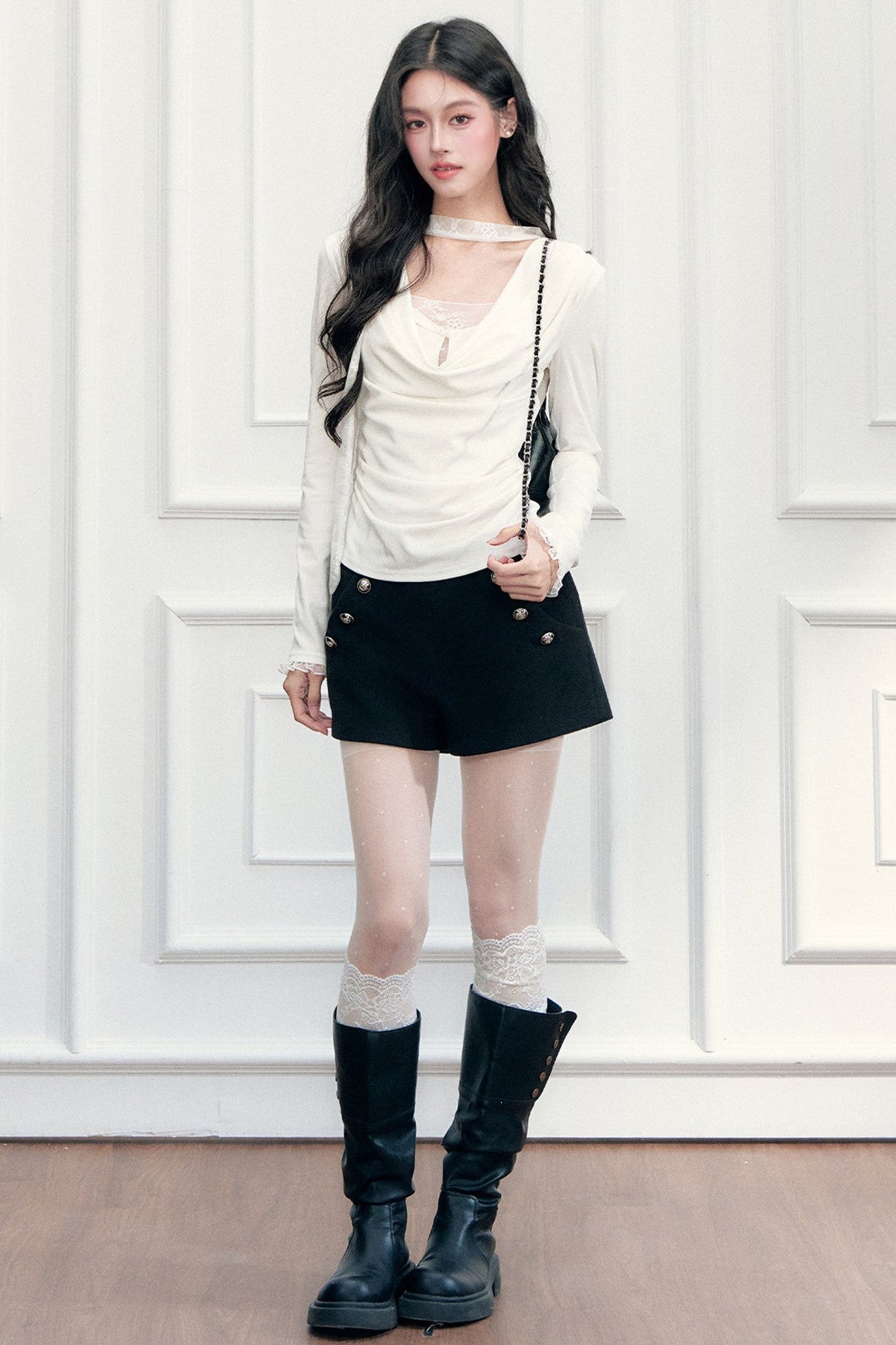Black Woolen Double-Breasted A-Line Shorts