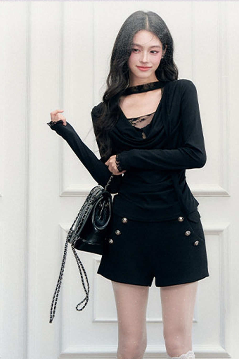 Black Woolen Double-Breasted A-Line Shorts