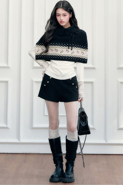 Black Woolen Double-Breasted A-Line Shorts