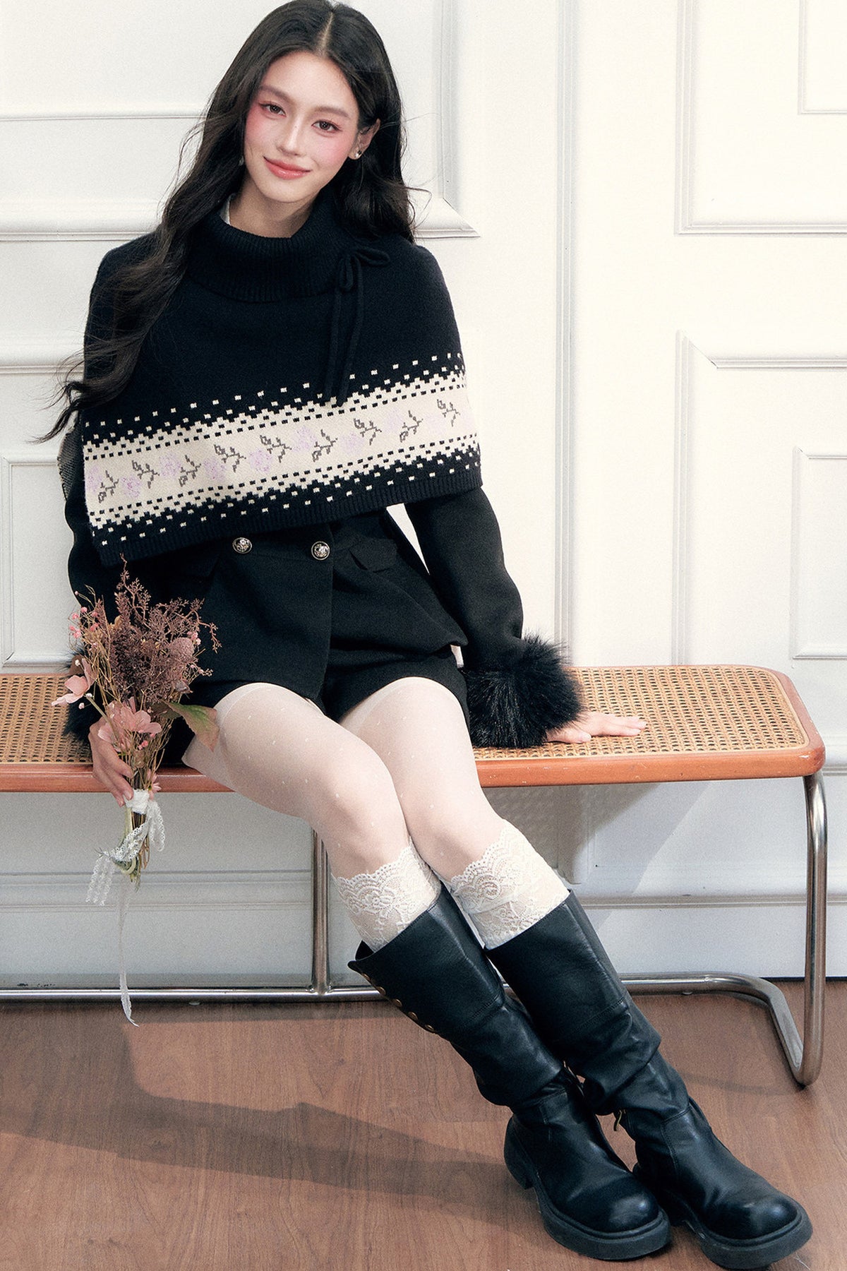 Mantella scialle Fair Isle con lacci