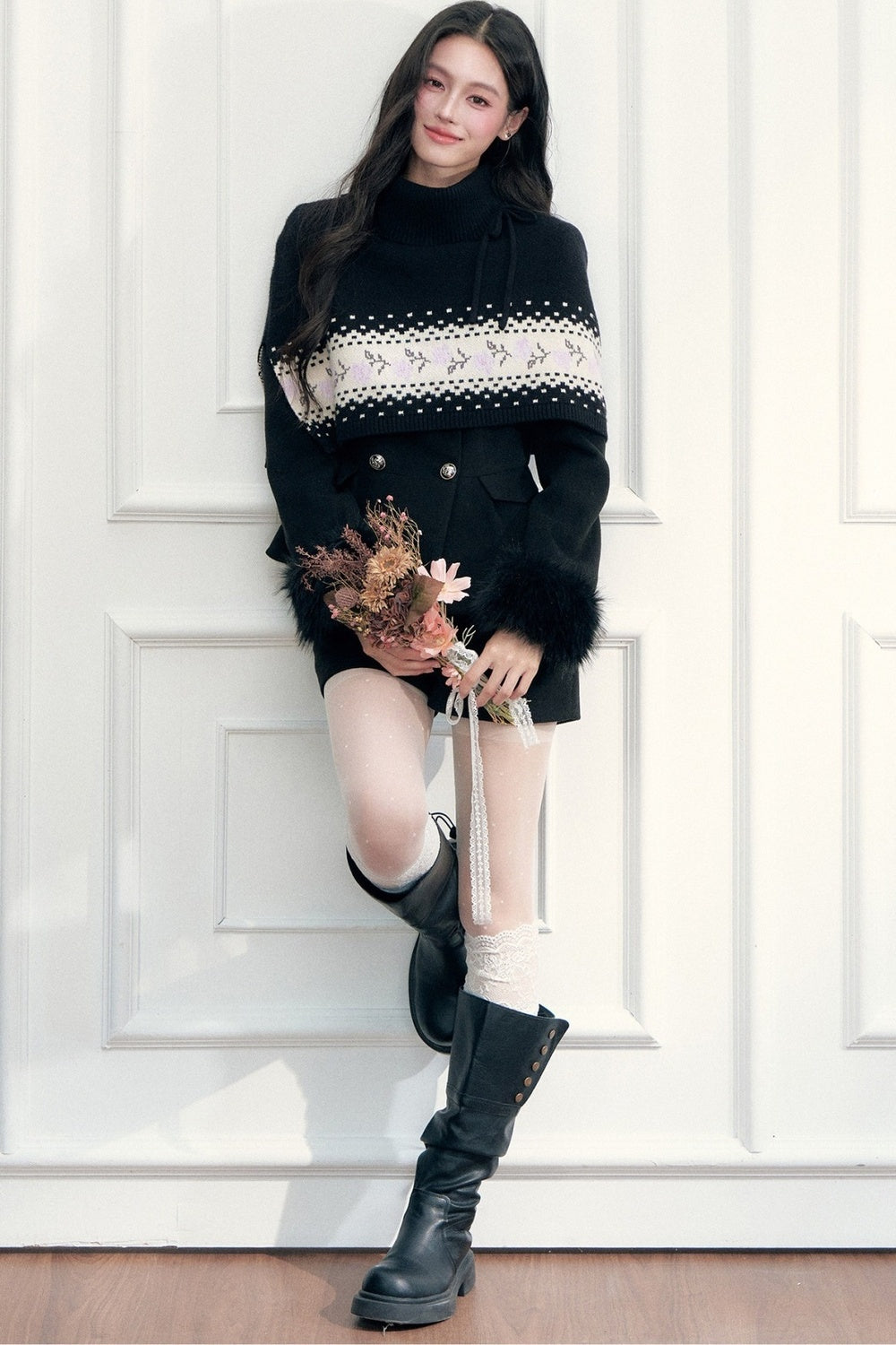Mantella scialle Fair Isle con lacci