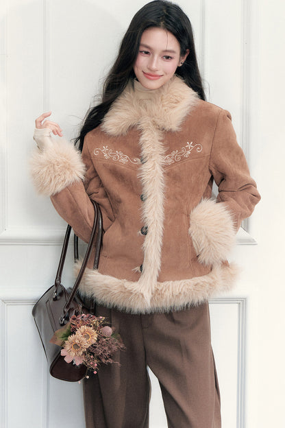 Bestickte Wildleder-Kunstfelljacke