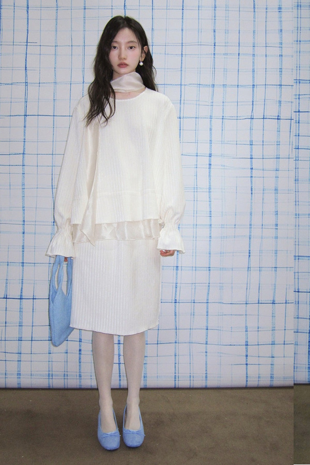 Moonlight Waterfall Long-Sleeve Ribbon Top and Skirt Set-Up