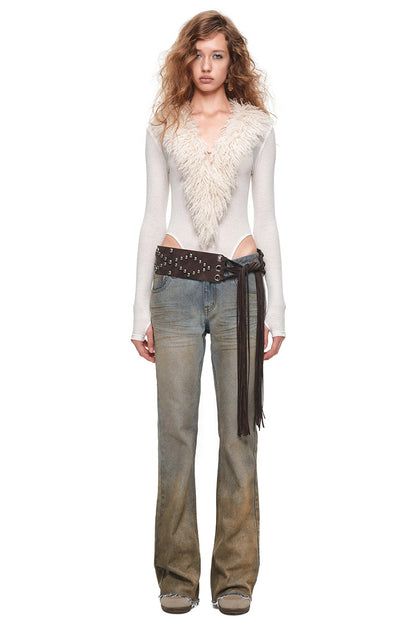 Long-Sleeve Wool V-Neck Bodysuit