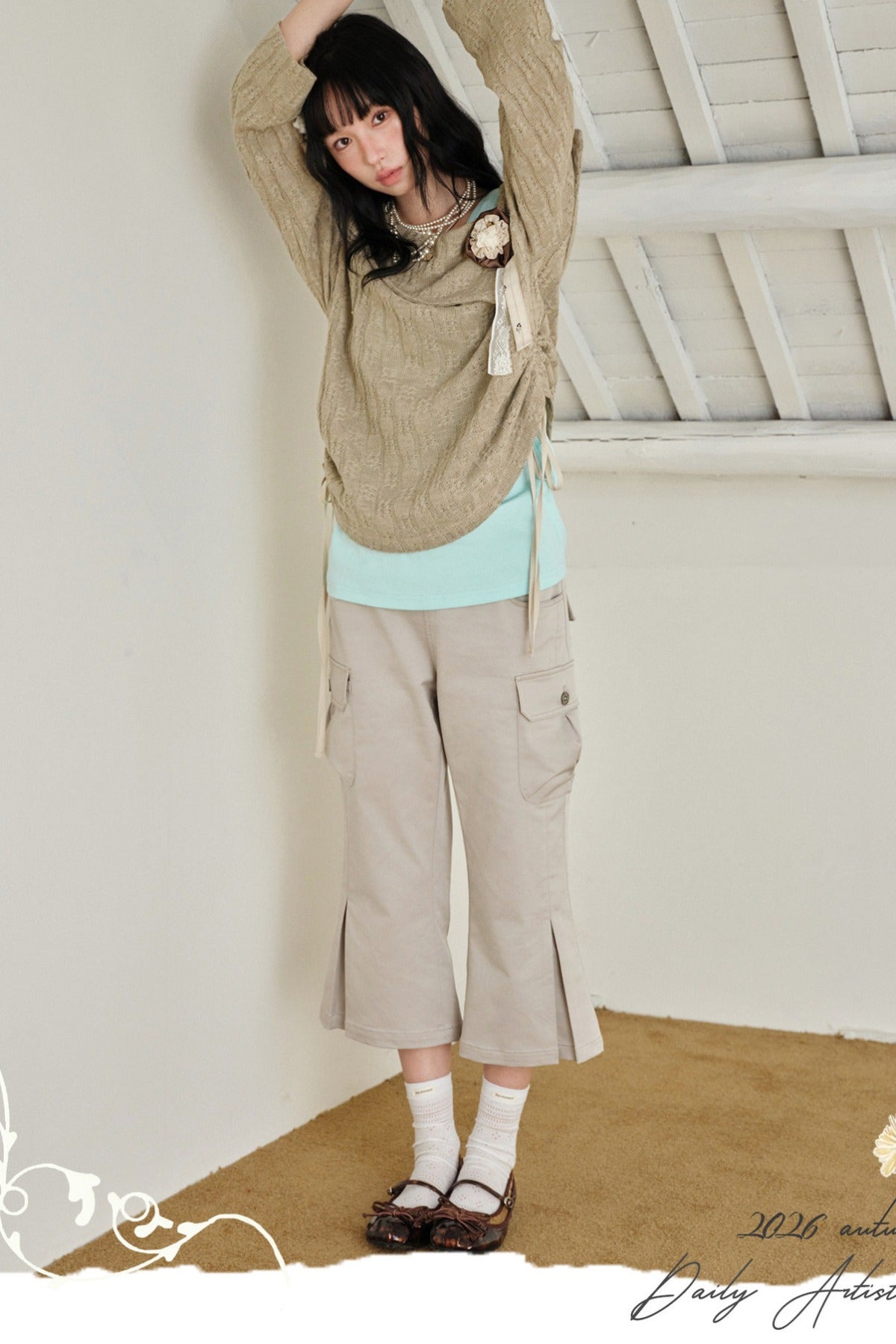 Brown Off-Shoulder Sweater and Mint Green Camisole Set
