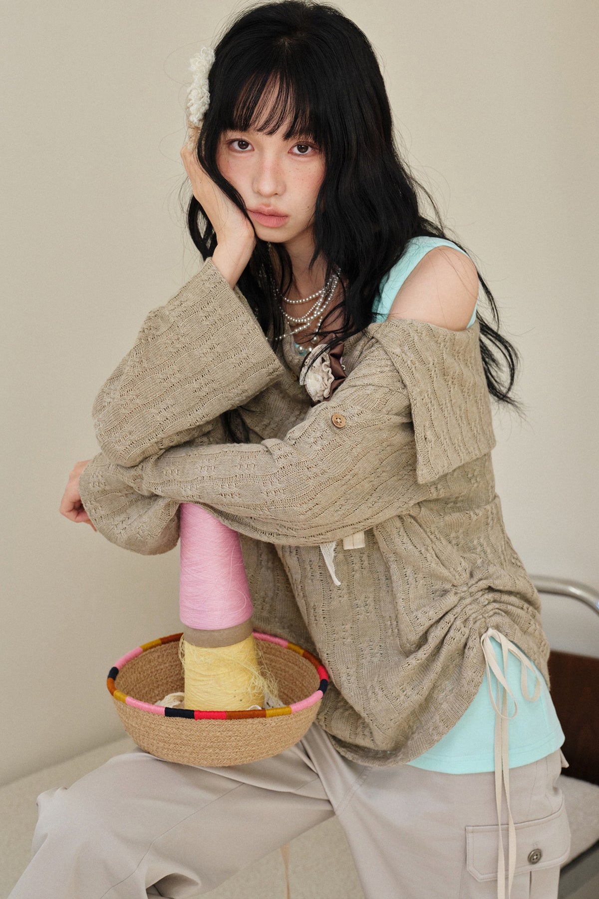 Brown Off-Shoulder Sweater and Mint Green Camisole Set