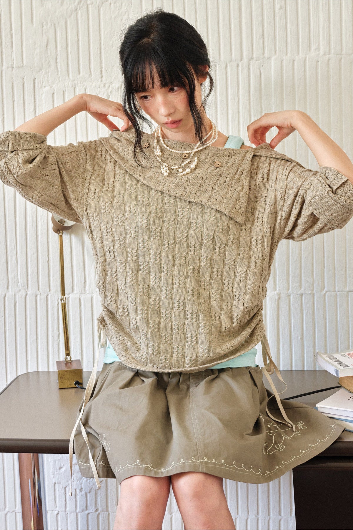 Brown Off-Shoulder Sweater and Mint Green Camisole Set
